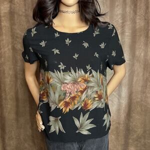 K Petite Vintage Tiger Jungle Print Blouse Lightweight Black Green 90s Boho